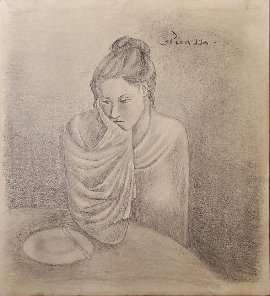 Pablo Picasso Spanish Blue Period Women Female Drawing: This lot consists of a hand drawn graphite on hard paper in the style of Pablo Picasso. The illustration depicts a figure of female portrait in the famous blue period. Pablo Picasso (25 October 1881-8