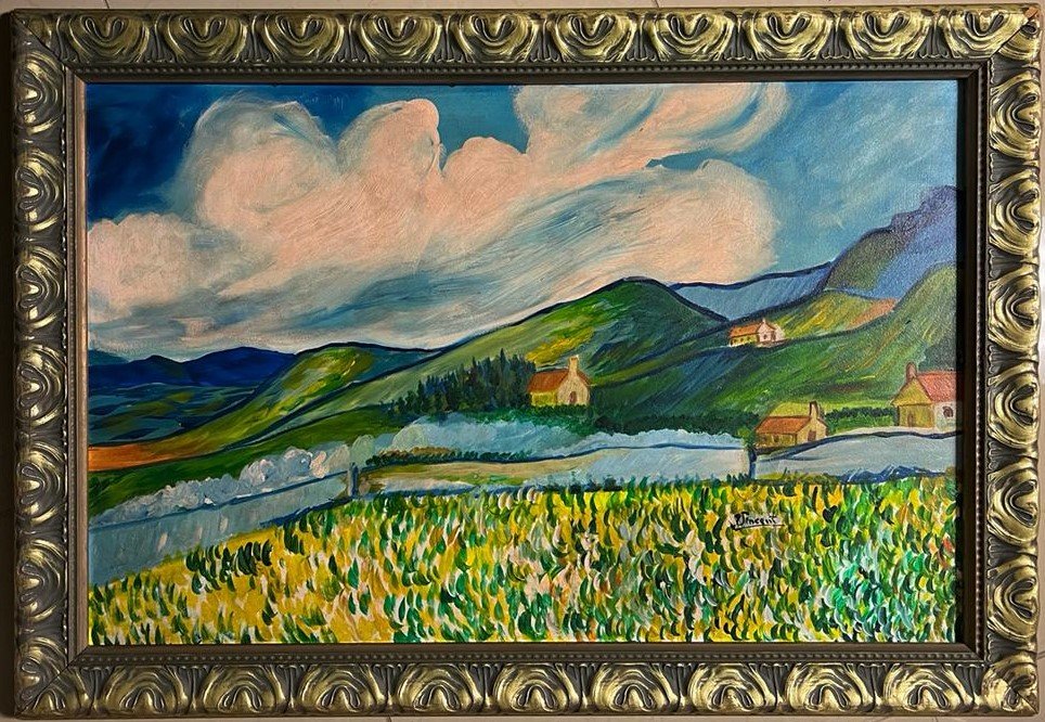 Vincent Van Gogh Dutch Impressionist Landscape Oil Board Large.: This lot consists of a hand painted oil on hard board in the style of Vincent Van Gogh (Dutch, 1853-1980). Vincent Willem van Gogh was a Dutch Post-Impressionist painter who is among the most famous a