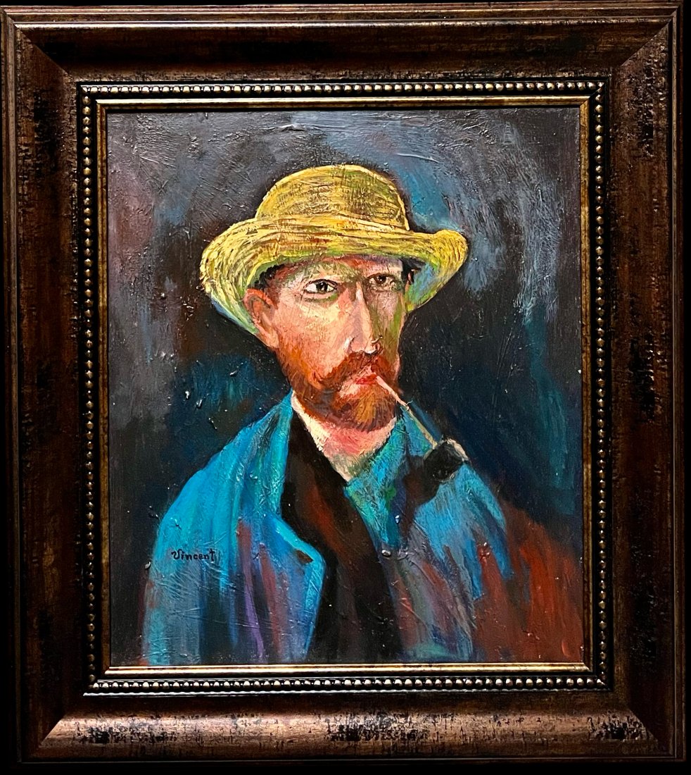 Vincent Van Gogh Portrait Self Old Man Hat Male Smoking Dutch-(style of) Impressionist Hand Painted.: This lot consists of an oil on canvas male portrait in the style of Vincent Van Gogh (Dutch, 1853-1980). Vincent Willem van Gogh was a Dutch Post-Impressionist painter who is among the most famous and