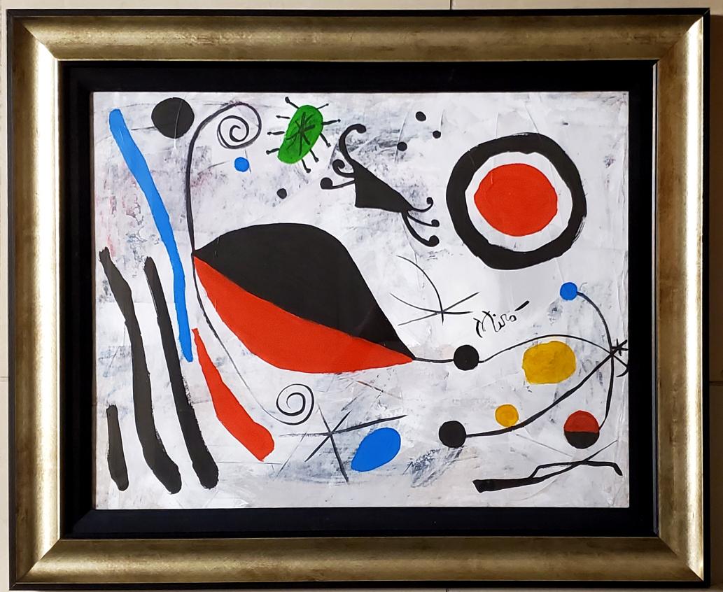 Joan Miro Abstract Surrealist Spanish Figurative Surrealism: This lot consists of a hand painted oil on cardboard.Done in the surrealist style of Joan Miro (Spanish, 1893-1983). Joan Miro Ferra (20 April 1893 - 25 December 1983) was a Spanish painter, sculptor,