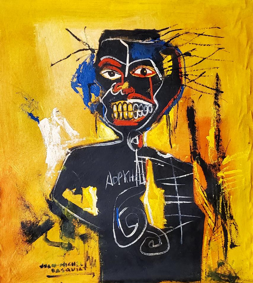 Jean-Michel Basquiat Abstract Expressionist American on Canvas NY: This lot consists of a hand-painted mixed media on canvas in the style of the elusive modern street artist, Jean-Michel Basquiat (American, 1960-1988).The lot depicts a colorful scene of boxers with a
