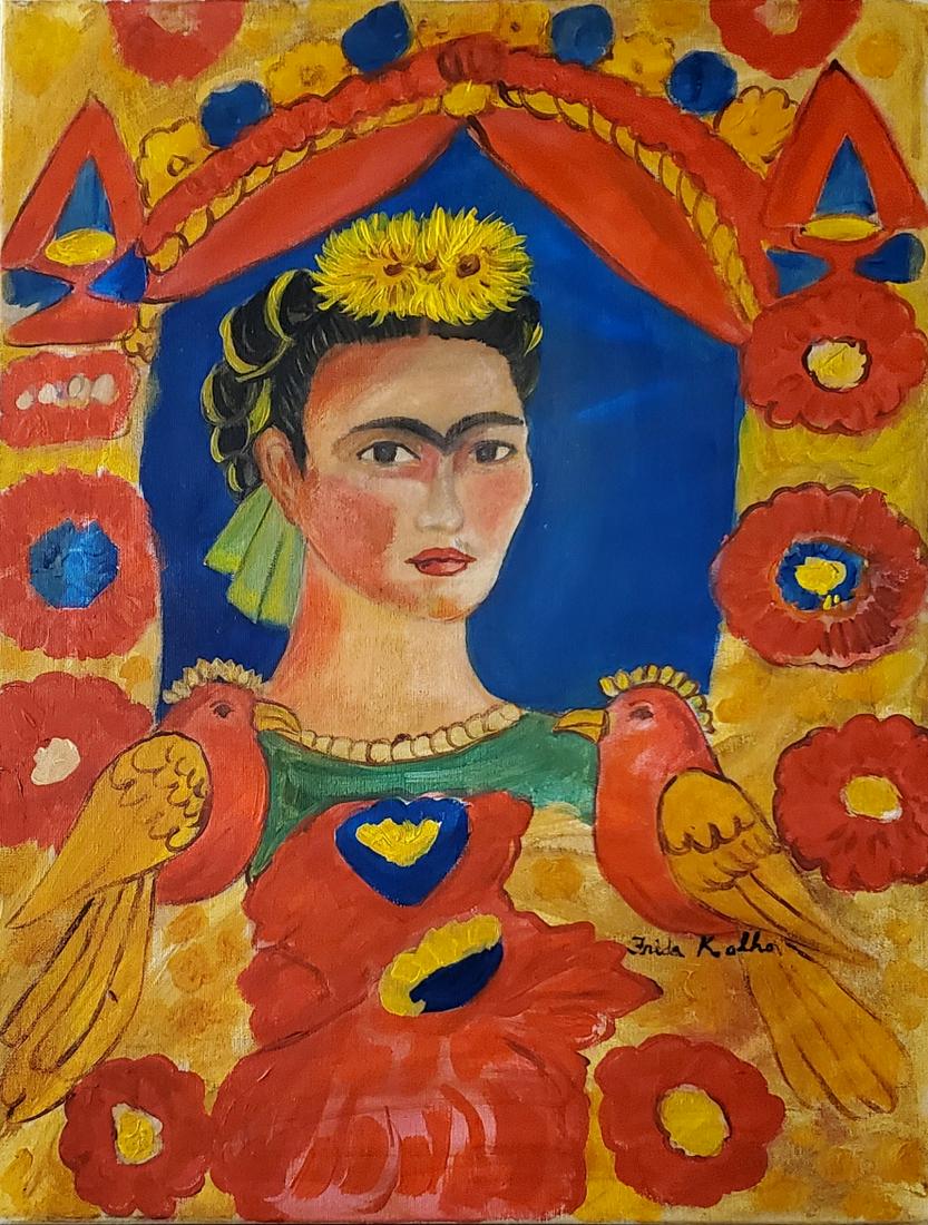 Frida Kahlo Naive Folk Mexican Portrait Oil Canvas Art: This lot consists of a hand painted oil on canvas portrait in the naive folk style of Frida Kahlo. Frida Kahlo de Rivera was a Mexican painter known for her self-portraits. Kahlo\'s life began and end