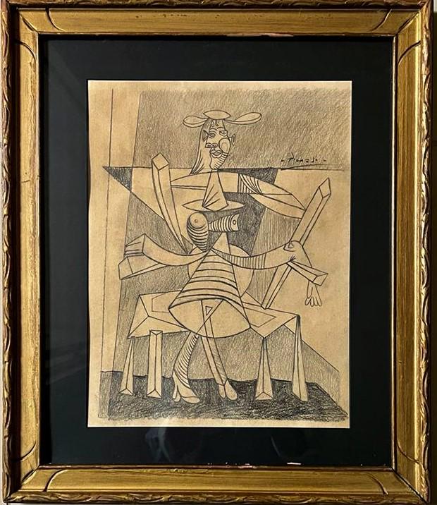 Pablo Picasso Drawing Graphite Cubist Cubism Spanish Women Female: This lot consists of a hand-drawn graphite on paper in the style of Pablo Picasso. The illustration depicts a female and surrealist objects in the famous cubism period. Pablo Picasso (25 October 1881-