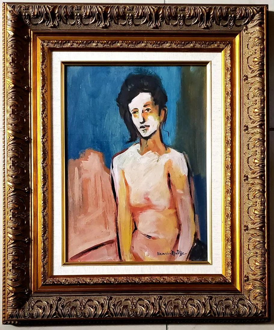 Henri Matisse Female Women French Interior Portrait Nude hand painted oil canvas signed.: The lot consist of a hand painted mixed media on cardboard female in the style of Henri Matisse.Henri Matisse (French, 1869-1954) was a French artist, known for both his use of colour and his fluid an