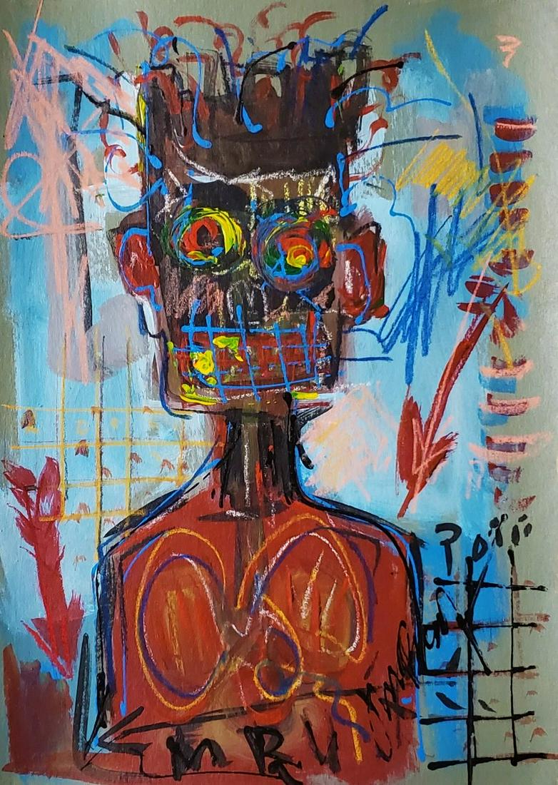 Jean-Michel Basquiat Abstract Expressionist New York: This lot consists of a hand-painted mixed media on cardboard in the style of the elusive modern street artist, Jean-Michel Basquiat (American, 1960-1988).The lot depicts a colorful scene of boxers wit