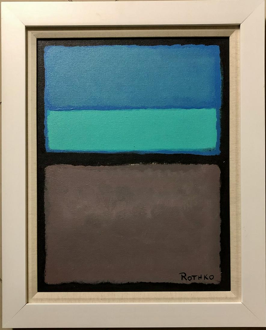 Mark Rothko American Abstract Expressionist Oil canvas: This work consists of a hand painted oil on canvas. Image depicts soft, rectangular forms floating on a stained field of color. This painting is done in the style of Mark Rothko(Russian American, 1844