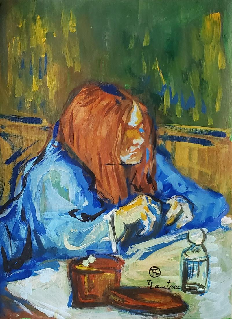 Henri de Toulouse Lautrec French Impressionist Van Gogh Gauguin Era hand Painted Signed: This lot consists of a hand-drawn mixed media on cardboard impressionist Female Madame in the style of Lautrec. It depicts a woman in the impressionist style of Henri De Toulouse Lautrec (French, 1864
