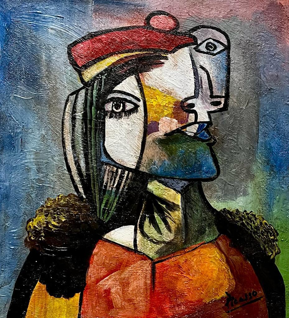 Pablo Picasso Cubist Female Mujer Spanish Abstract Art Oil on Canvas: This lot consists of a hand painted oil on canvas in the style of Pablo Picasso. The illustration depicts a female portrait in the cubism period. Pablo Picasso (25 October 1881-8 April 1973) was a Spa