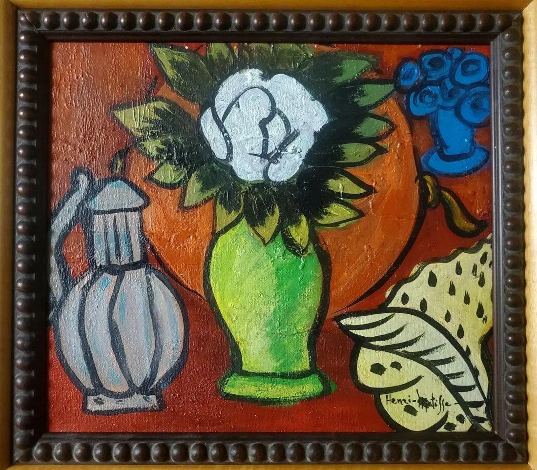 Henri Matisse Oil Canvas Still Life French Interior Art Flowers: The lot consist of a hand-painted oil on canvas still life in the style of Henri Matisse.Henri Matisse (French, 1869-1954) was a French artist, known for both his use of colour and his fluid and origi