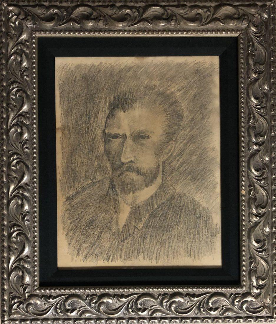 Vincent Van Gogh Self Portrait Dutch Impressionist Male: This lot consists of a hand drawn graphite on paper in the style of Vincent Van Gogh (Dutch, 1853-1980). Vincent Willem van Gogh was a Dutch Post-Impressionist painter who is among the most famous and