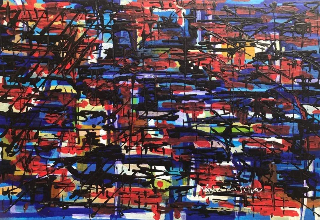 Maria Helena Vieira da Silva Abstract Portuguese French: Abstract Expressionist Painting mixed media on hard paper in the style of Maria Helena Vieira da Silva (13 June 1908 - 6 March 1992) was a Portuguese-French abstractionist painter.Vieira da Silva was 