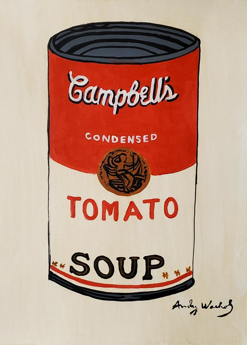 Andy Warhol Pop Art Tomato Soup Campsbells NY Drawing: This lot consists of a hand-painted mixed media on cardboard pop art Campbell's Tomato Soup in the distinct style of Andy Warhol. Andrew was born Andrew Warhol; August 6, 1928 - February 22, 1987). He