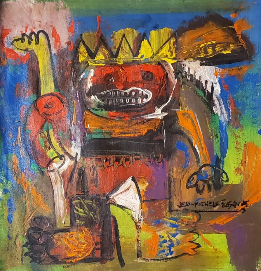 Jean-Michel Basquiat Abstract Expressionist American on Canvas NY: This lot consists of a hand-painted mixed media on canvas in the style of the elusive modern street artist, Jean-Michel Basquiat (American, 1960-1988).The lot depicts a colorful scene of boxers with a