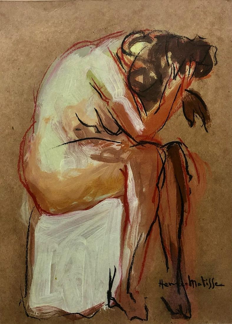 Henri Matisse Nude Female Women French Nu Madame Hand Painted Fauvism: The lot consist of a hand painted mixed media on cardboard female in the style of Henri Matisse.Henri Matisse (French, 1869-1954) was a French artist, known for both his use of colour and his fluid an