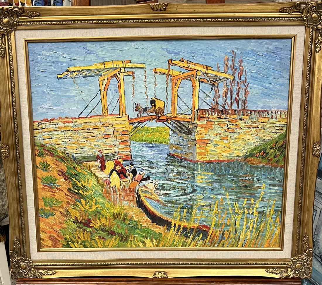 Vincent Van Gogh Impressionist Dutch Oil on Canvas Landscape River Workers: This lot consists oil on canvas in the style of Vincent Van Gogh (Dutch, 1853-1980). Vincent Willem van Gogh was a Dutch Post-Impressionist painter who is among the most famous and influential figures