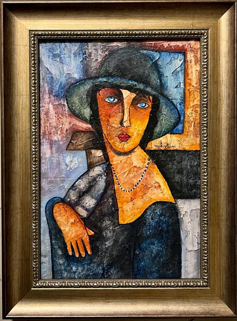 Amadeo Modigliani Oil on canvas French Italian Portrait female Women Mujer: This lot consists of a hand painted oil on canvas in the style of Amedeo Modigliani. Amedeo Modigliani (July 1884 - 24 January 1920) was an Italian Jewish painter and sculptor who worked mainly in Fra