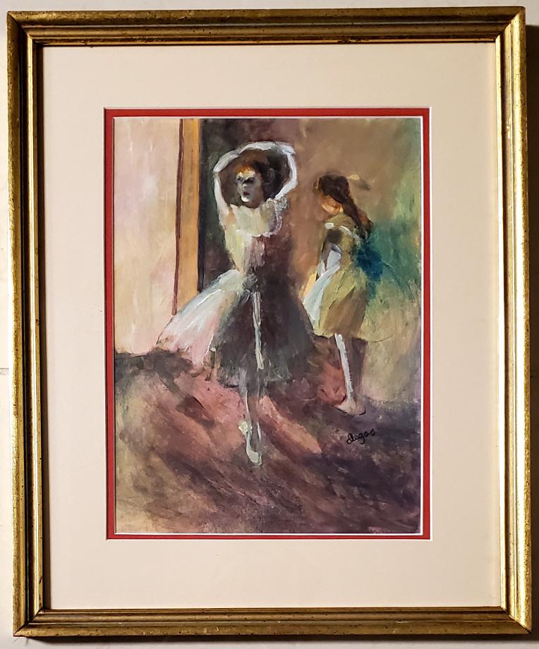 Edgar Degas Impressionist Ballerina Dancer Painting .: This lot consists of a hand painted mixed media on paper in the style of Edgar Degas. Edgar Degas was born Hilaire-Germain-Edgar De Gas. He was a French artist famous for his paintings, sculptures, pr