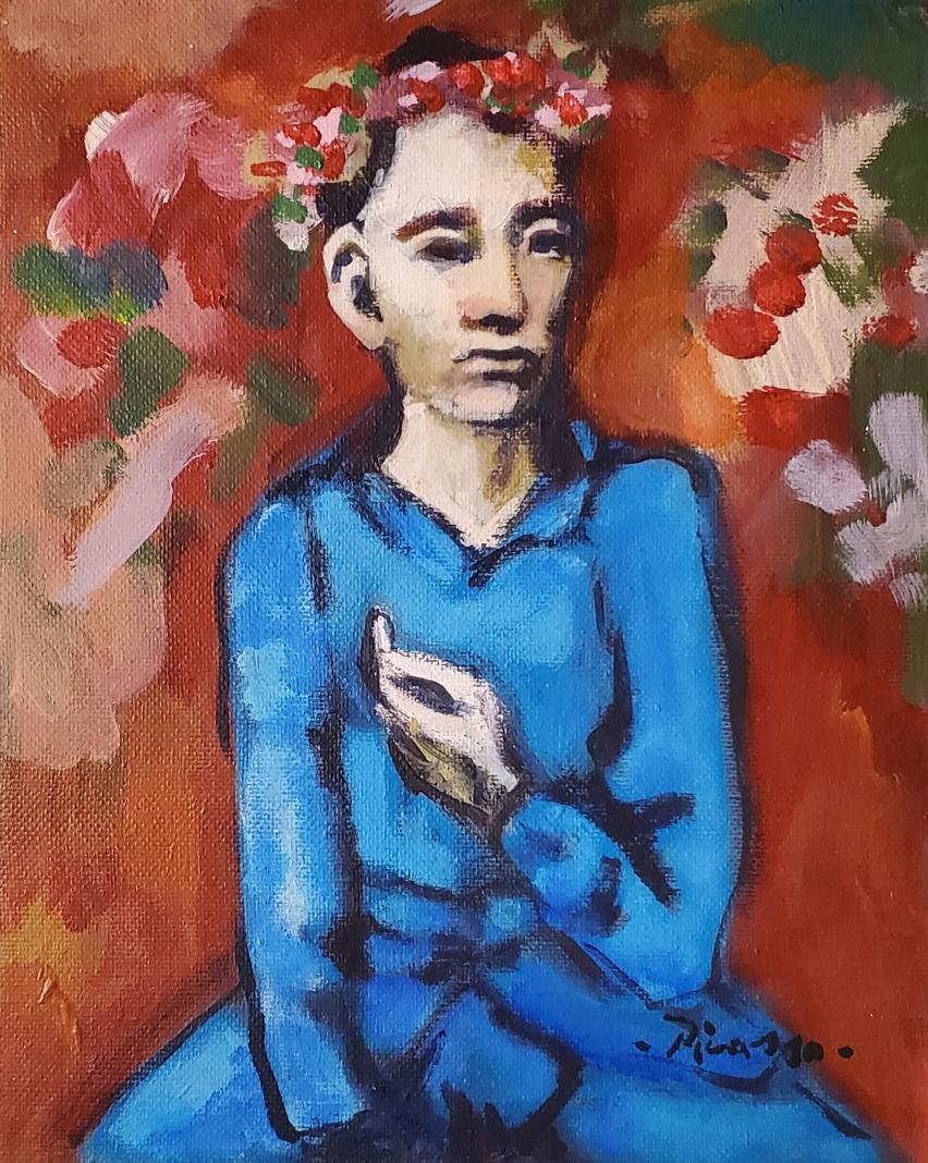 Pablo Picasso Rose Period Spanish Oil Canvas Male Man portrait.: This lot consists of a hand painted oil on canvas in the style of Pablo Picasso. The illustration depicts a figure of a male portrait on a colorful background with flowers in the famous rose period. P