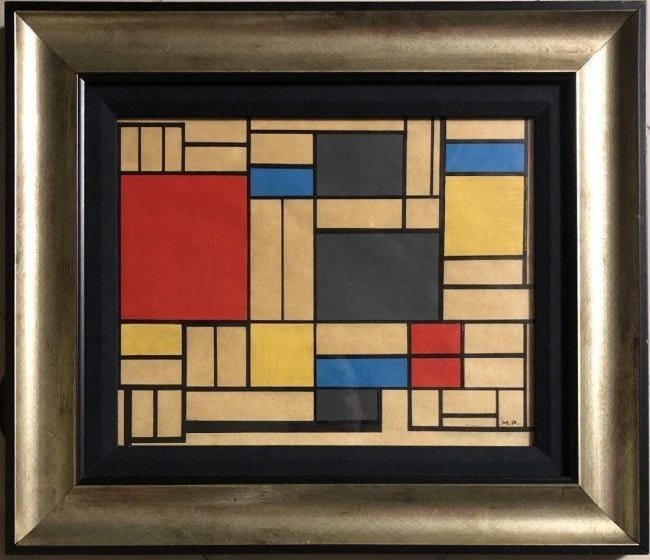 Piet Mondrian PM Dutch American Abstract Neoplasticism: This lot consists of a hand painted mixed media on hard paper in the style of Piet Mondrian (American, 1960-1988).The painting bears a signature in the lower right corner. Mondrian was a Dutch painter