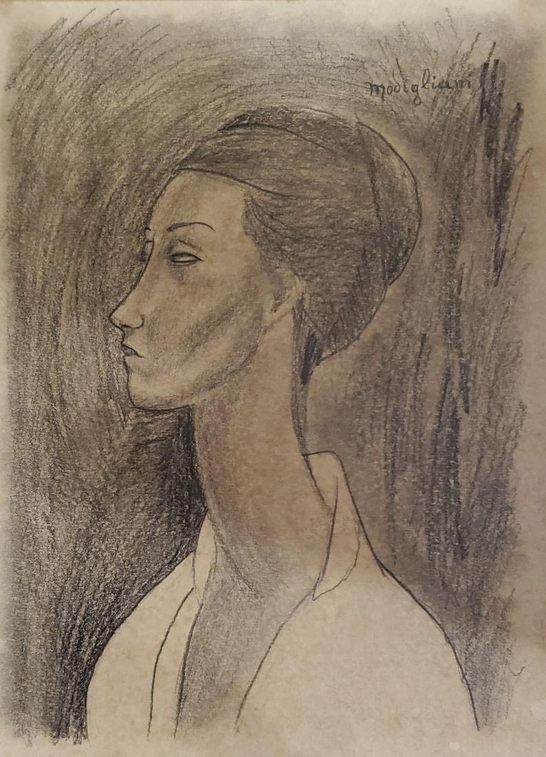 Amedeo Modigliani Female portrait Italian Painting Art french: This lot consists of a hand drawn graphite on cardboard in the style of Amedeo Modigliani. Amedeo Modigliani (July 1884 - 24 January 1920) was an Italian Jewish painter and sculptor who worked mainly