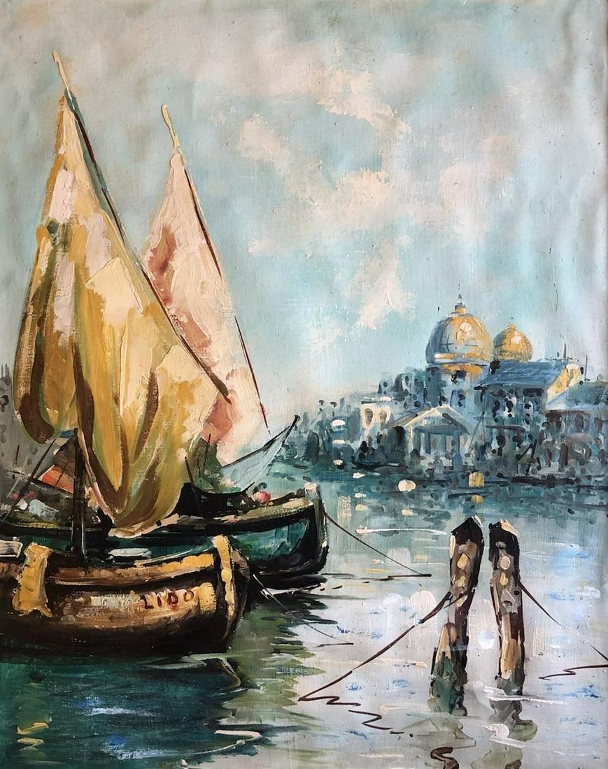 Alberto Pasini Italy Circle Boats Impressionist Landscape Seascape Oil Canvas.: This lot consists of a hand painted Oil on hard board in the style of Alberto Pasini. The illustration depicts a landscape market scene around Italy. Alberto Pasini (Busseto, 3 September 1826 Ã‚â�