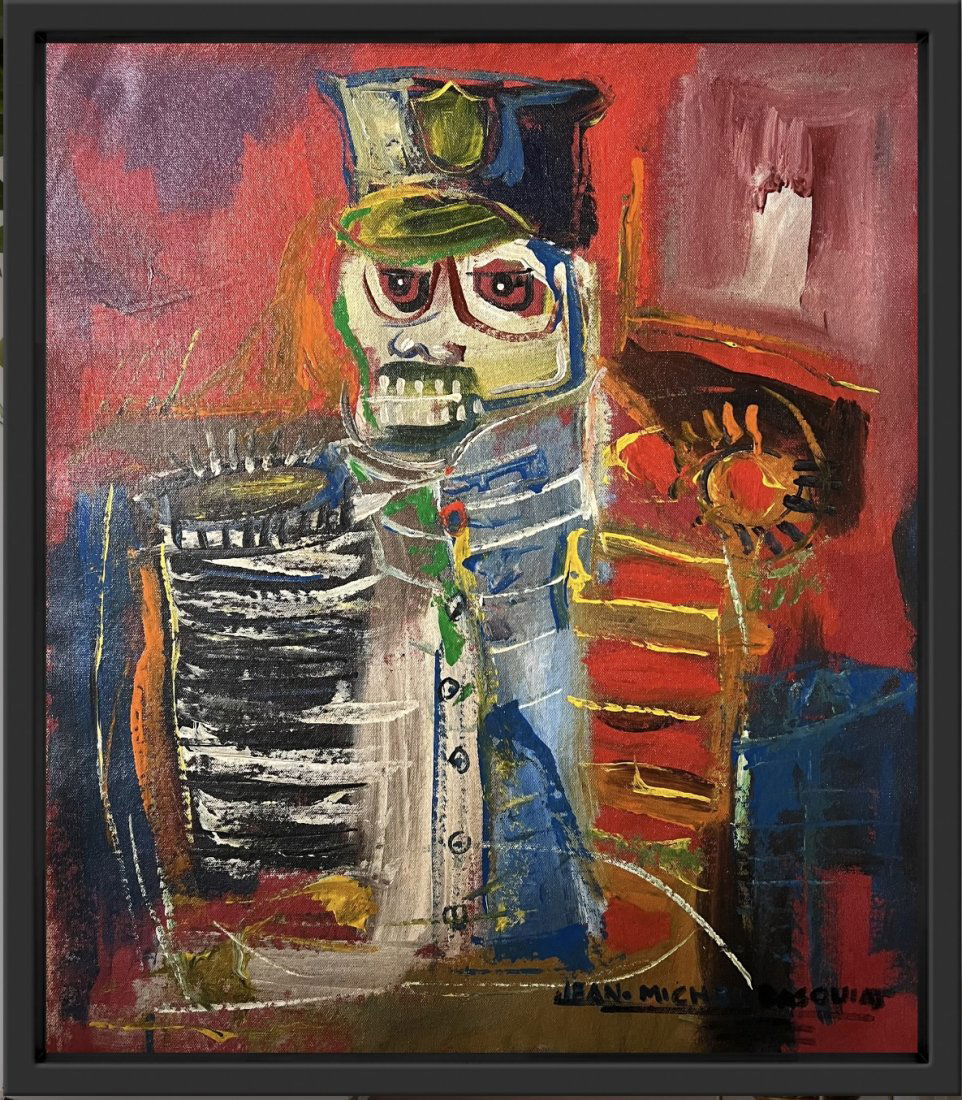 Jean-Michel Basquiat Andy Warhol era style of pollock abstract expressionist NY hand painted.: This lot consists of a hand-painted mixed media on canvas in the style of the elusive modern street artist, Jean-Michel Basquiat (American, 1960-1988).TBorn in Brooklyn to a Haitian father and Puerto