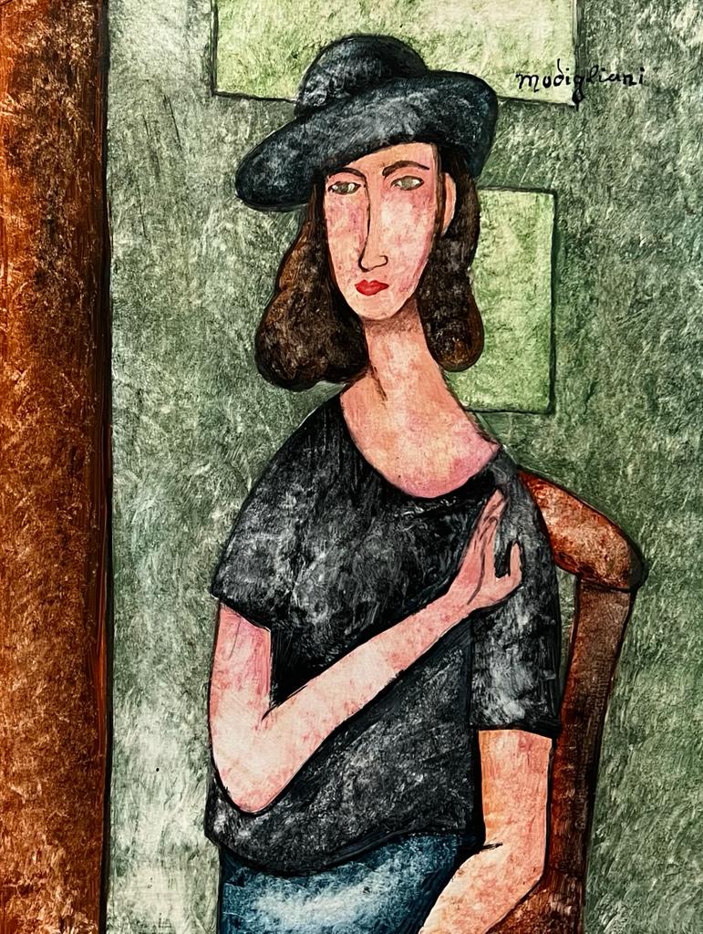 Amedeo Modigliani hand painted Women Female Style of portrait expressionist.: This lot consists of a hand painted mixed media on carboard in the style of Amedeo Modigliani. Amedeo Modigliani (July 1884 - 24 January 1920) was an Italian Jewish painter and sculptor who worked mai