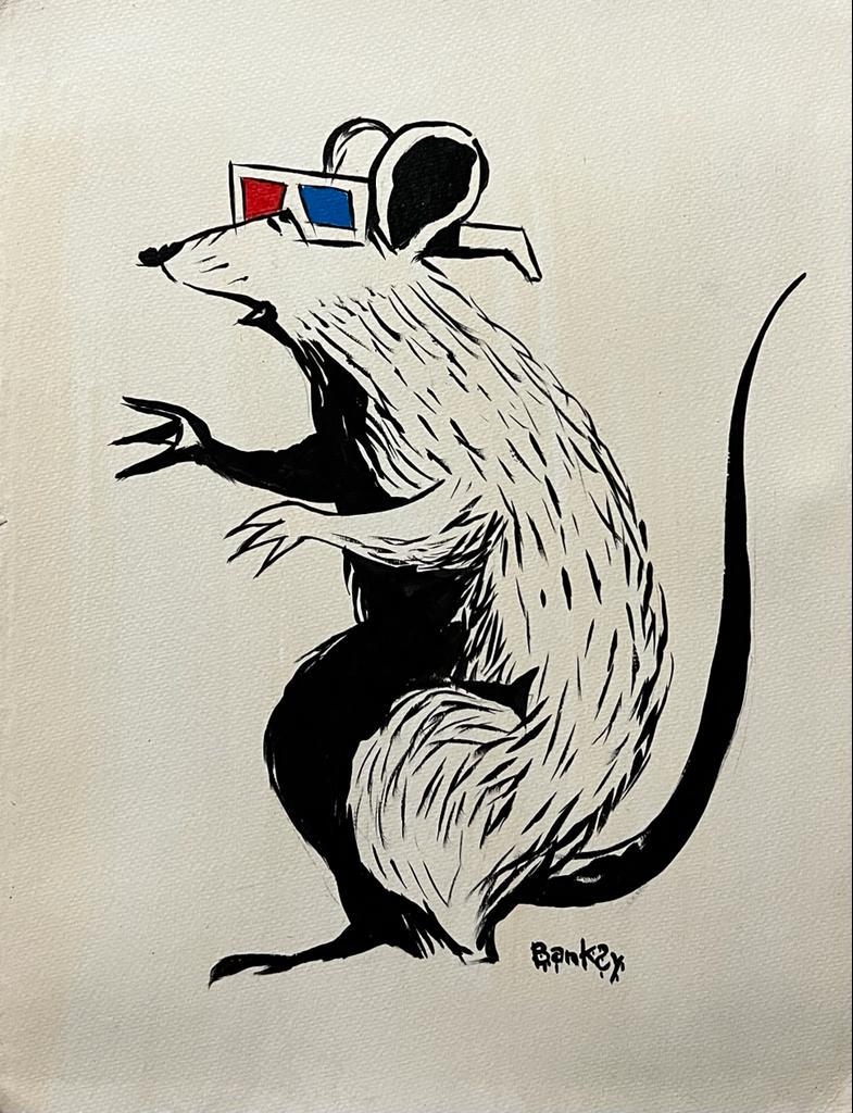 Banksy (British,1974) Graffiti Cool Rat Mouse Sunglasses Mixed media Hand Painted: This lot consists of a hand painted mixed media on hard paper illustration in the style of of Banksy. Banksy is an anonymous England-based street artist, vandal, political activist, and film director.