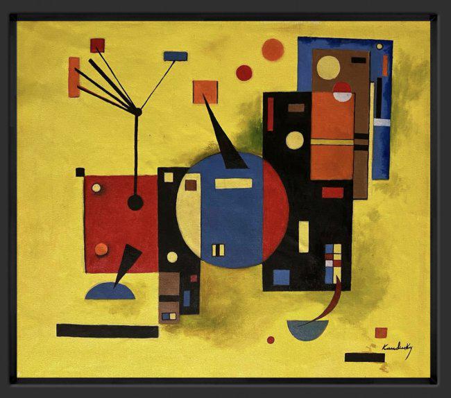 Wassily Kandinsky Surrealist Miro Magritte era Abstract Geometric Russian Oil on canvas: This lot consists of a hand painted oil on canvas in the style of Wassily Kandinsky. The illustration depicts abstract surrealist figures in the distinctive style of the artist.Wassily Kandinsky (1866