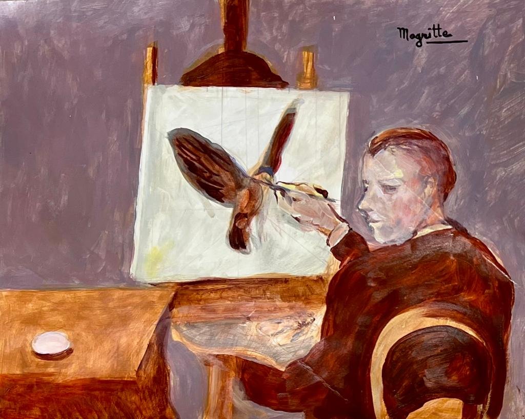 Rene Magritte Portrait Surrealism style of Miro Dali Max Ernst era Interior hand painted on paper: This lot consists of a hand-painted surrealism mixed media on paper in the style of Rene Magritte. Rene Franois Ghislain Magritte (21 November 1898 -15 August 1967) was a Belgian surrealist artist. He