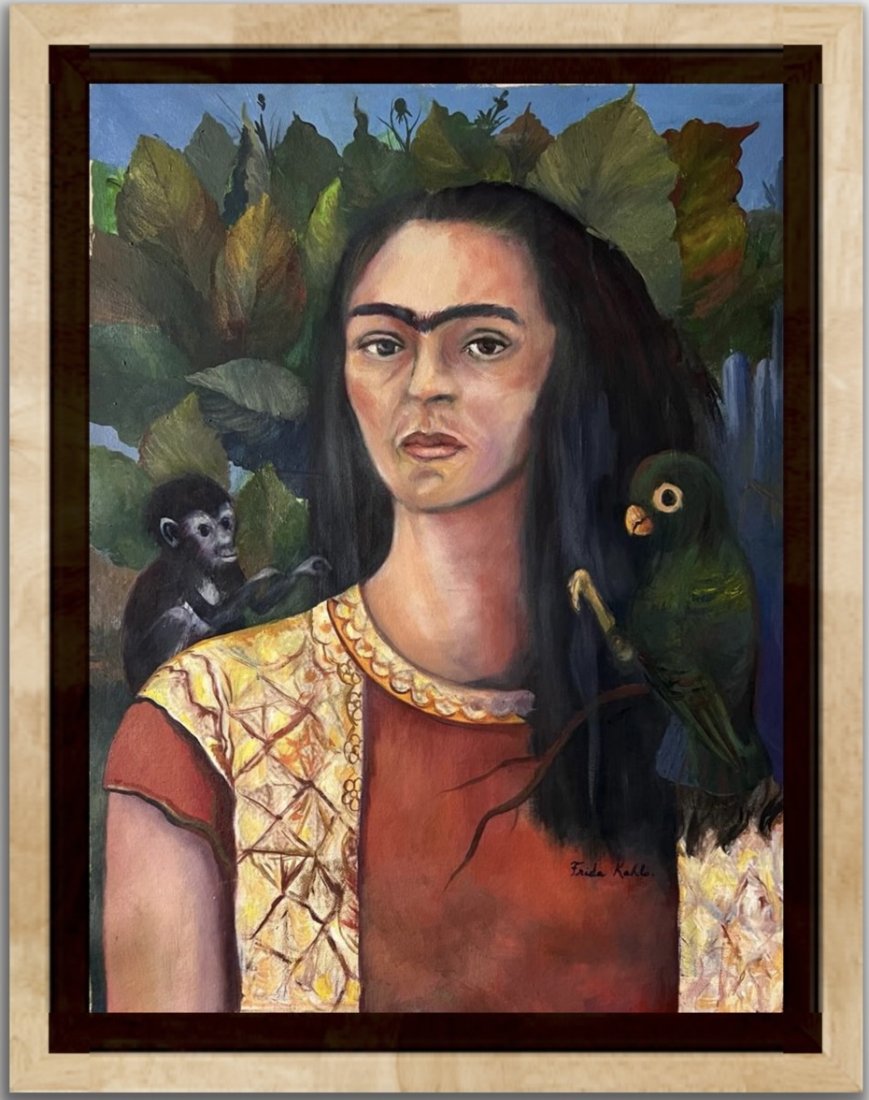 Frida Kahlo naive self portrait landscape bird monkey Parrot art Diego Rivera styleof Oil on canvas (1 of 7)
