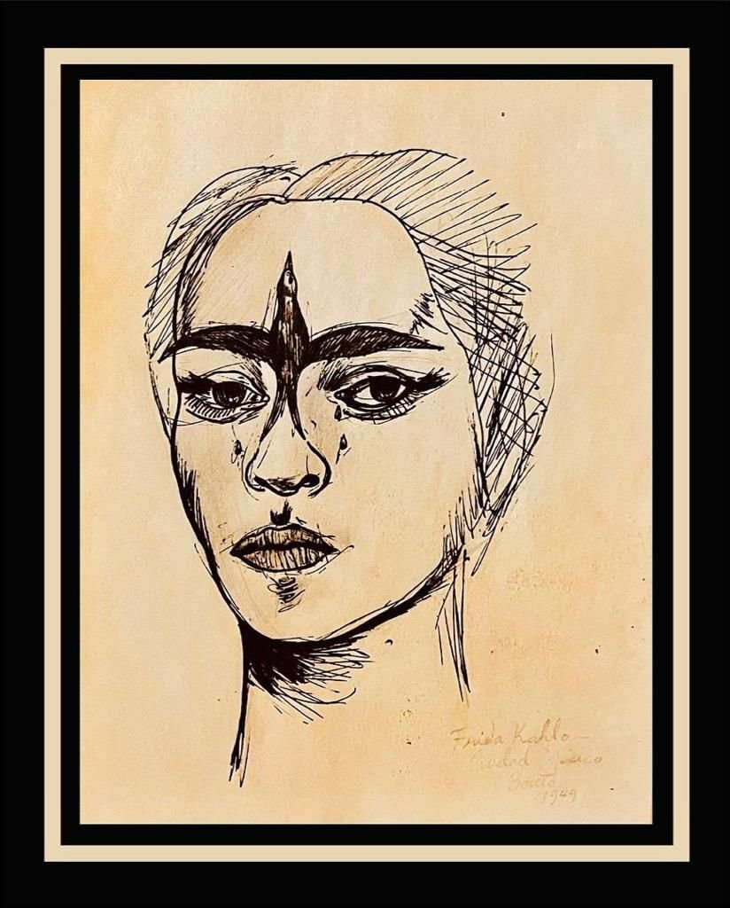 Frida Kahlo Self portrait Female Mexican Art Diego Rivera Siqueiros Era Hand Drawn Painting (1 of 1)