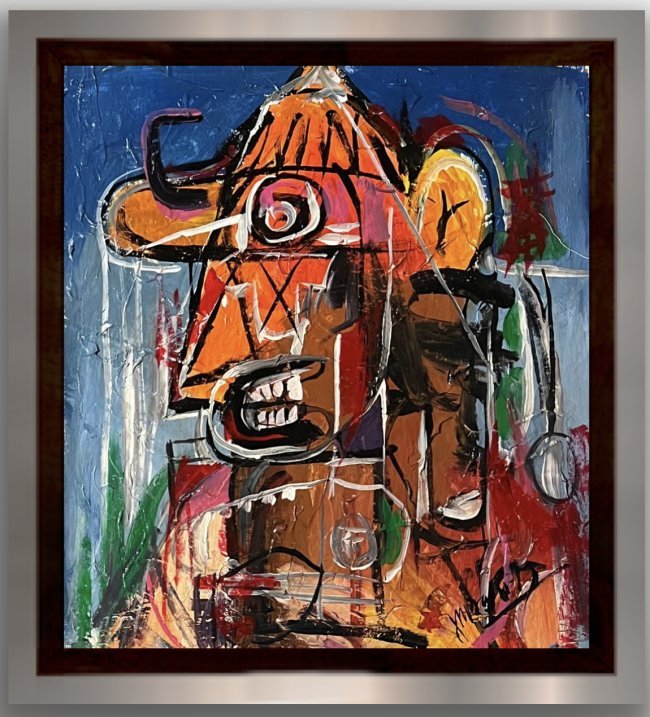 Jean-Michel Basquiat Style of Abstract Expressionist Portrait American on Canvas NY: This lot consists of a hand-painted mixed media on canvas in the style of the elusive modern street artist, Jean-Michel Basquiat (American, 1960-1988).Born in Brooklyn to a Haitian father and Puerto R