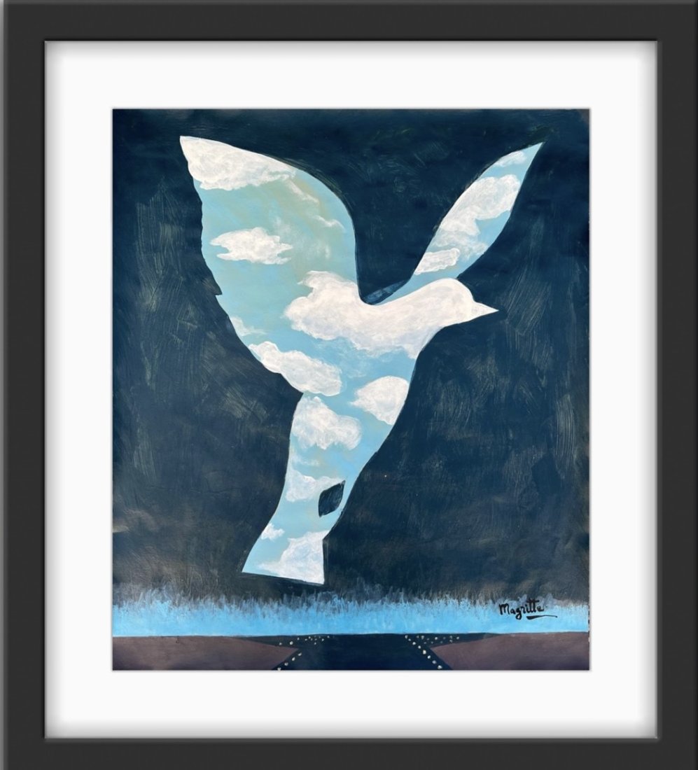 Rene Magritte Style of Surrealism Landscape Bird Era Miro Dali Yves Tanguy Hand Painted: This lot consists of a hand-painted mixed media on carboard in the style of Rene Magritte. Rene Franois Ghislain Magritte (21 November 1898 -15 August 1967) was a Belgian surrealist artist. He became
