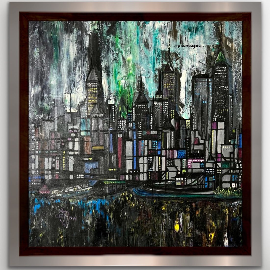 Wassily Kandinsky Style of Surrealist Landscape Abstract Geometric Russian Oil On Canvas: This lot consists of a hand painted oil on canvas in the style of Wassily Kandinsky. The illustration depicts a colorful black and blue buildings landscape in the particular style of Wassily Kandinsky