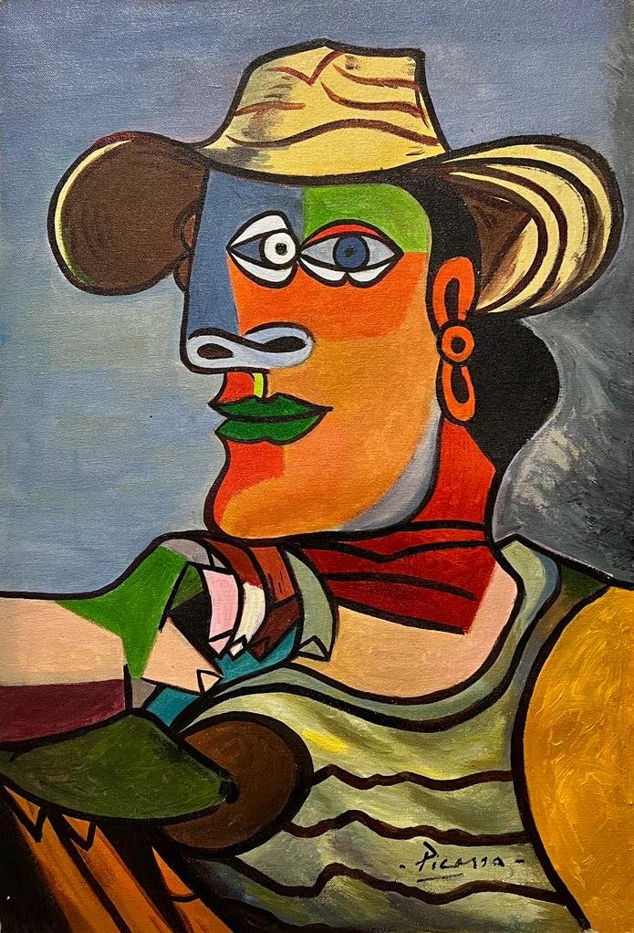 Pablo Picasso Cubist Style of Women Portrait Abstract Spanish Miro Matisse Van Gogh era Oil on canva: This lot consists of a hand painted oil on canvas in the style of Pablo Picasso. The illustration depicts a figure of a female in the famous cubism period. Pablo Picasso (25 October 1881-8 April 1973)