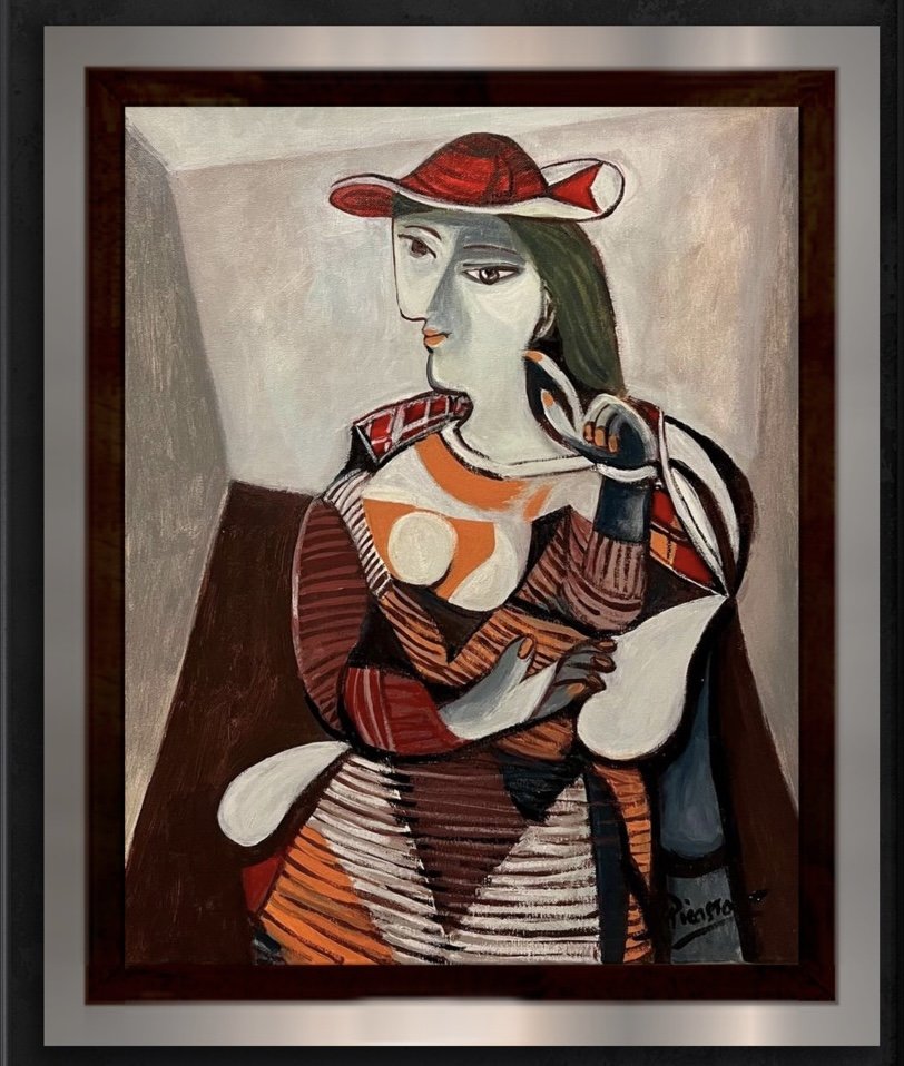 Pablo Picasso Cubist Style of Women Portrait Abstract Spanish Miro Matisse Van Gogh era Oil on canva: This lot consists of a hand painted oil on canvas in the style of Pablo Picasso. The illustration depicts a figure of a female in the famous cubism period. Pablo Picasso (25 October 1881-8 April 1973)