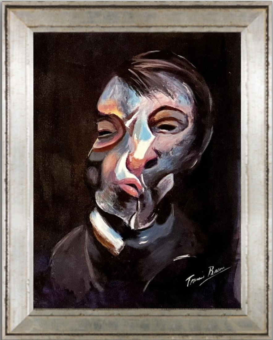 Francis Bacon Expressionist Lucian Freud Dali Magritte Era style of Self Portrait Oil on canvas: This lot consists of a hand painted oil on canvas in the style of Francis Bacon. Francis Bacon (28 October 1909 - 28 April 1992) was an Irish-born British figurative painter known for his bold, grotes