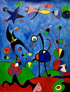 Joan Miro Spanish Abstract Landscape Surrealism Monet Dali Picasso era LARGE Oil on Canvas: This lot consists of a hand painted oil on canvas.Joan Miro (Spanish, 1893-1983). Joan Miro Ferra (20 April 1893 - 25 December 1983) was a Spanish painter, sculptor, and ceramicist born in Barcelona.