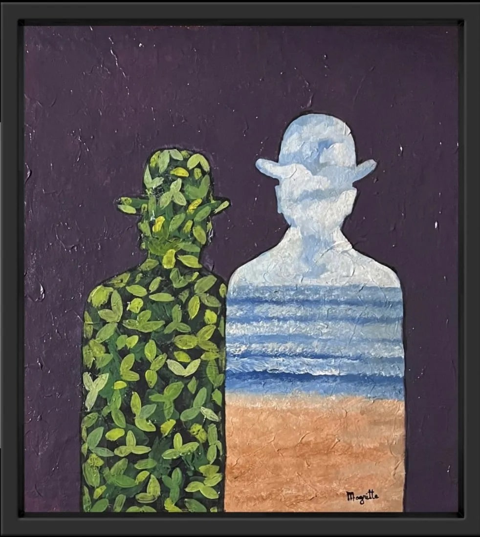 Rene Magritte Style of Male Gentleman Surrealist era Dali Oil on canvas: This lot consists of a hand painted oil on canvas-panel surrealist landscape in the style of Rene Magritte. T Rene Franois Ghislain Magritte (21 November 1898 -15 August 1967) was a Belgian surrealist