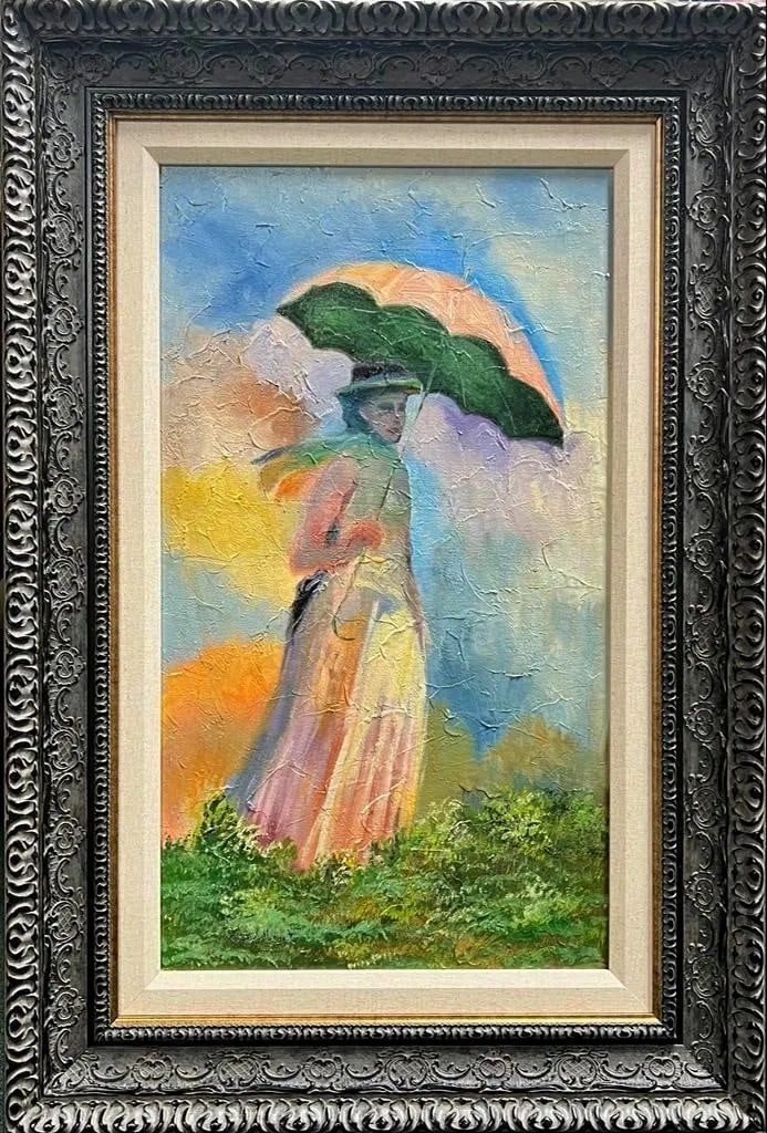 Claude Monet French Impressionist Madame Women Umbrella Landscape hand painted Oil on Canvas: This lot consists of hand painted old impressionism oil on Canvas rendered in the style of Claude Monet.Oscar Claude Monet (14 November 1840 - 5 December 1926) was a founder of French Impressionist pa