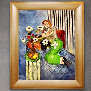 Henri Matisse Female Interior Flowers Still life French Picasso era hand painted Oil on Canvas: This lot consists of a hand painted oil painting on canvas,Henri Matisse (French, 1869-1954). "Henri Matisse" is inscribed in black paint at lower right. Image depicts a women sitting in blue interior