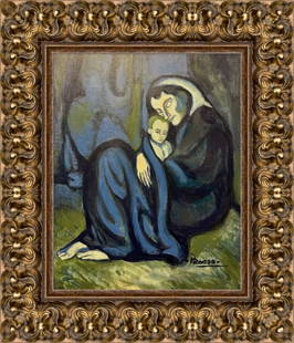 Pablo Picasso Spanish Blue Period Maternity Monet Van Gogh era Oil on Canvas: This lot consists of a hand painted oil on canvas Cubism masterpiece. The illustration depicts a blue period maternity . Pablo Picasso (25 October 1881-8 April 1973) was a Spanish painter, sculptor,