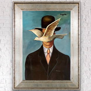 Rene Magritte Surrealism Male Gentleman Apple Landscape Dali Picasso era (Oil on canvas): This lot consists of a hand painted oil on canvas surrealist Male portrait.Rene Magritte Magritte (21 November 1898 -15 August 1967) was a Belgian surrealist artist. He became well known for a number