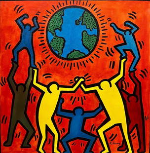 Keith Haring American Pop art Expressionist Basquiat Andy Warhol Era Large Oil on Canvas: This lot consists of a hand painted oil on canvas Pop masterpiece.The amazing Pop Art depicts a group of people dancing on orange World background.Keith Haring (American, 1958-1990). Keith Haring was