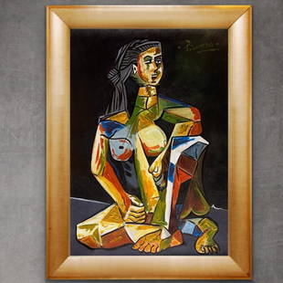 Pablo Picasso Cubism Portrait Female Mujer Abstract Dali Miro era hand painted Oil on Canvas: This lot consists of a hand painted oil on canvas Cubism masterpiece. The illustration depicts colorful female figure from the famous cubism period . Pablo Picasso (25 October 1881-8 April 1973) was a