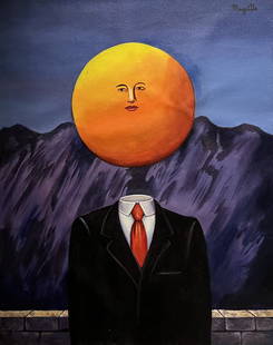 Rene Magritte Surrealism Male Gentleman Sun Landscape Dali Picasso era (LARGE Oil on canvas): This lot consists of a hand painted Large oil on canvas surrealist Male portrait.Rene Magritte Magritte (21 November 1898 -15 August 1967) was a Belgian surrealist artist. He became well known for a