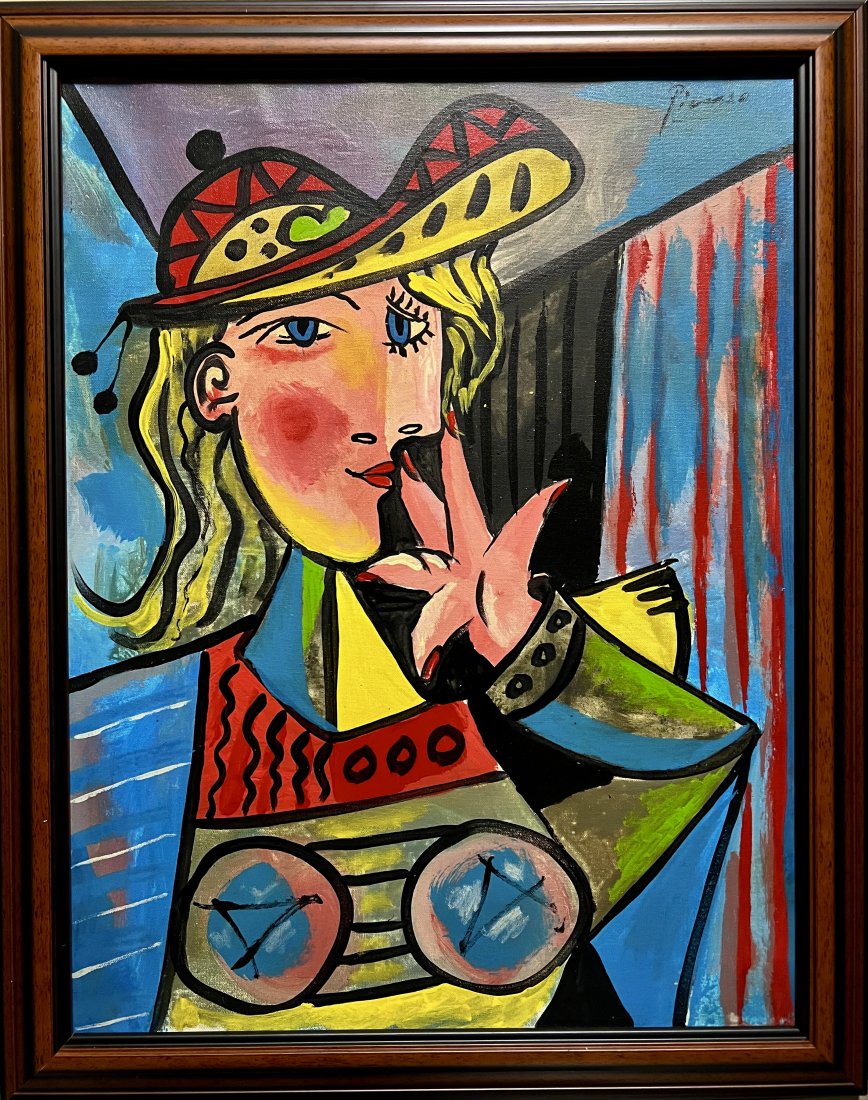 Pablo Picasso Cubism Abstract Spanish Female Dali Monet Juan Gris era.LARGE OIL ON CANVAS: This lot consists of a hand painted oil on canvas masterpiece. The illustration depicts a colorful abstract female portrait in the famous cubism period rendered in the style of Pablo Picasso (25 Octob