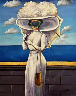 Rene Magritte Women Umbrella Surrealism Monet Picasso Dali era hand painted (Large oil on Canvas ): This lot consists of a hand painted Large oil on canvas surrealist Female portrait.Rene Magritte Magritte (21 November 1898 -15 August 1967) was a Belgian surrealist artist. He became well known for a