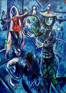 Marc Chagall Russian Styleof Circus Arlequins Picasso Van Gogh Matisse era Hand painted Oil Canvas: This lot consists of a magnificent hand painted oil on canvas. Marc Zakharovich Chagall was a Russian-French artist of Belarusian Jewish origin. An early modernist, he was associated with several majo